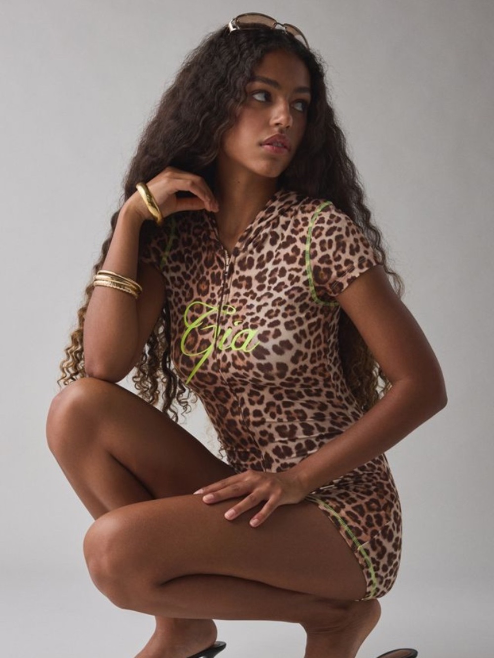 I.AM.GIA Blare hooded zip through logo detail romper playsuit in leopard
